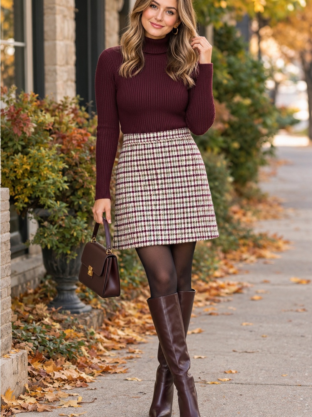 Talbots Burgundy and Cream Plaid Mini Skirt